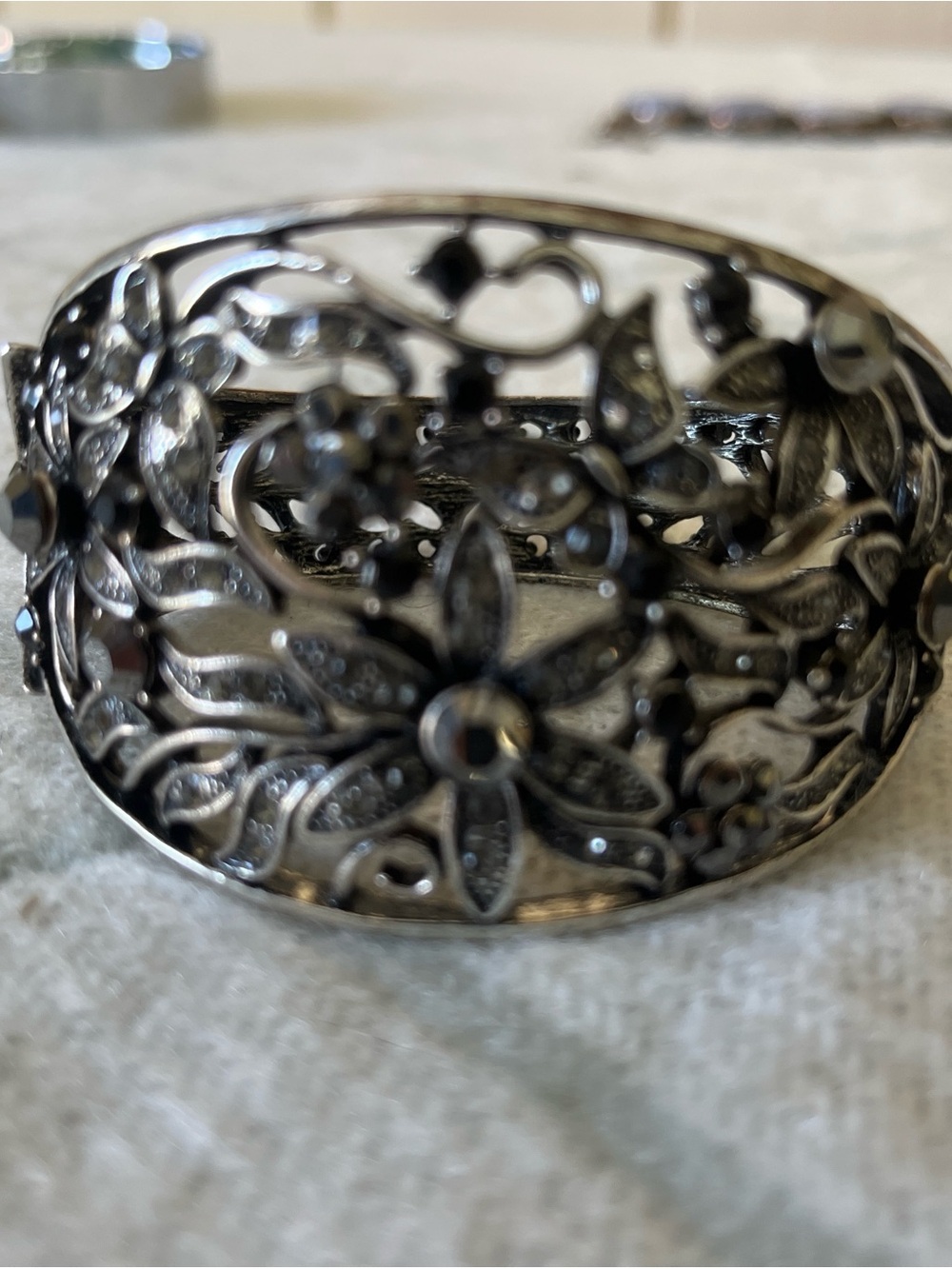 Vintage Women's Marcasite Filigree Statement Bracelet - Silver Tone.  Cuff style